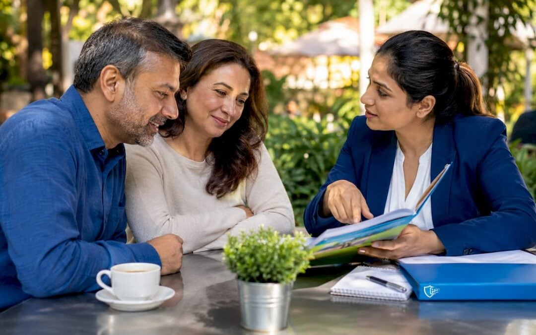 Couple consulting mortgage protection insurance agent