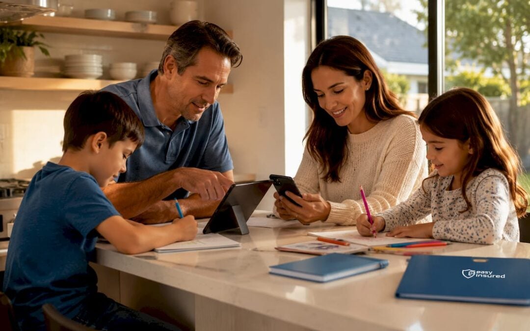 Family discussing life insurance documents at home table