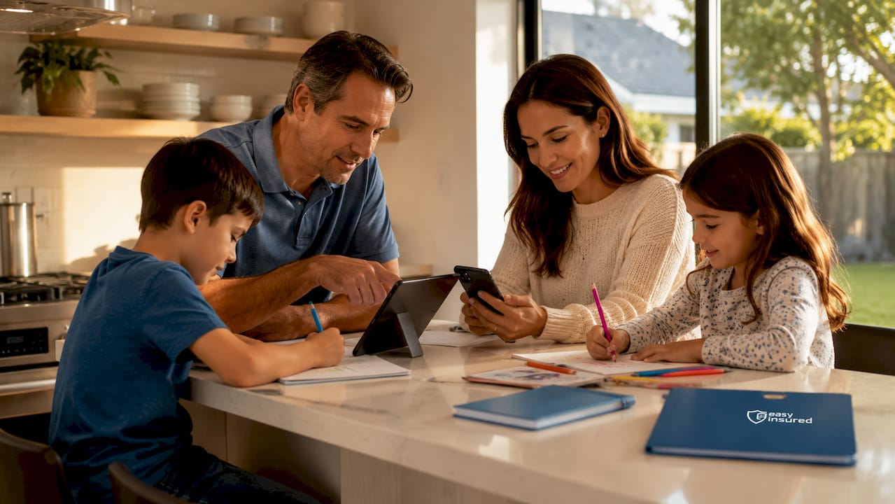 1783843636274 Family Discussing Life Insurance Documents At Home Table