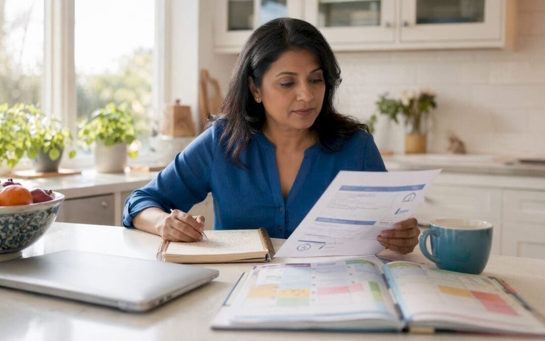 Small business owner reviewing health insurance documents