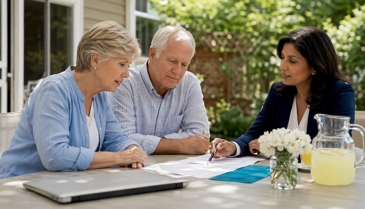 1784189770794 Couple Reviewing Funeral Insurance With Advisor