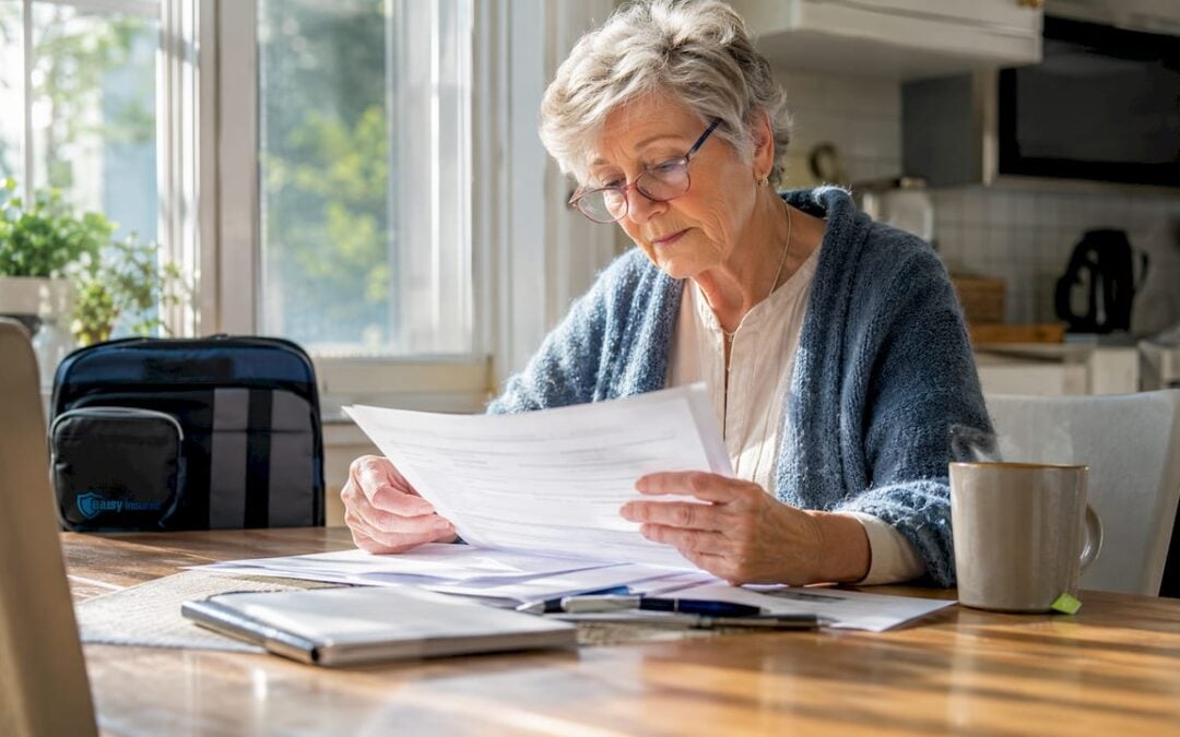 Senior woman reviewing insurance paperwork at home