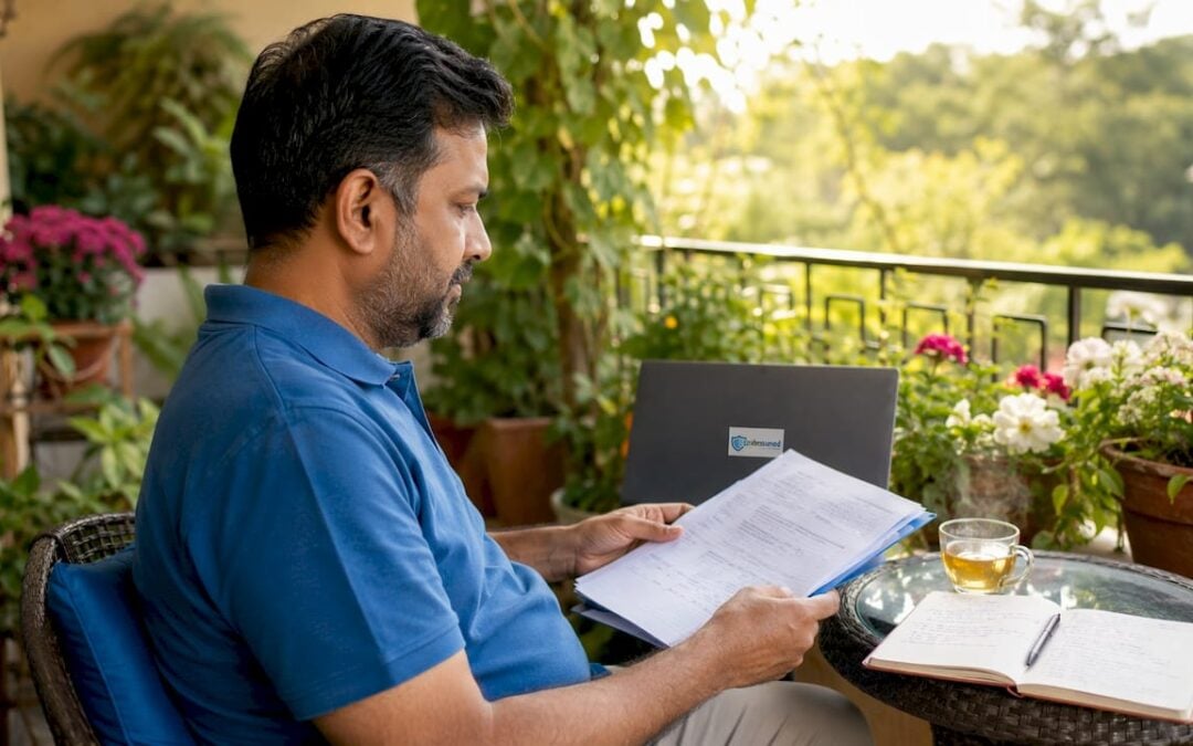 Self-employed man reviewing insurance policy documents