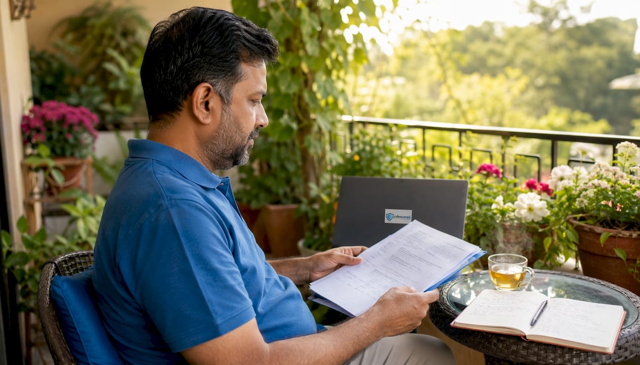1784313710079 Self Employed Man Reviewing Insurance Policy Documents