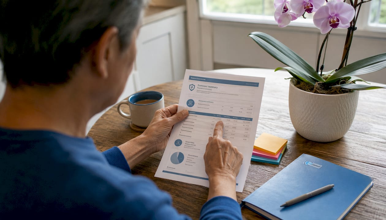 Hands reviewing long-term disability insurance benefits sheet