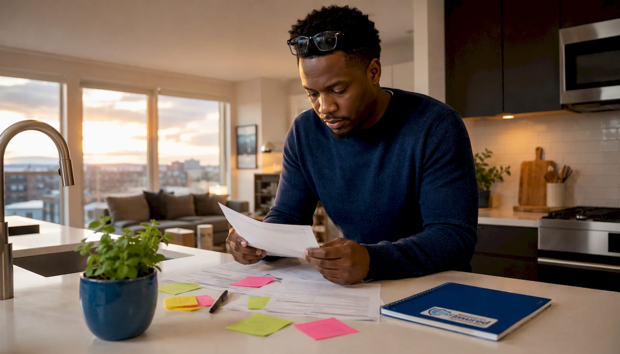 Man sorting health documents preparing insurance application