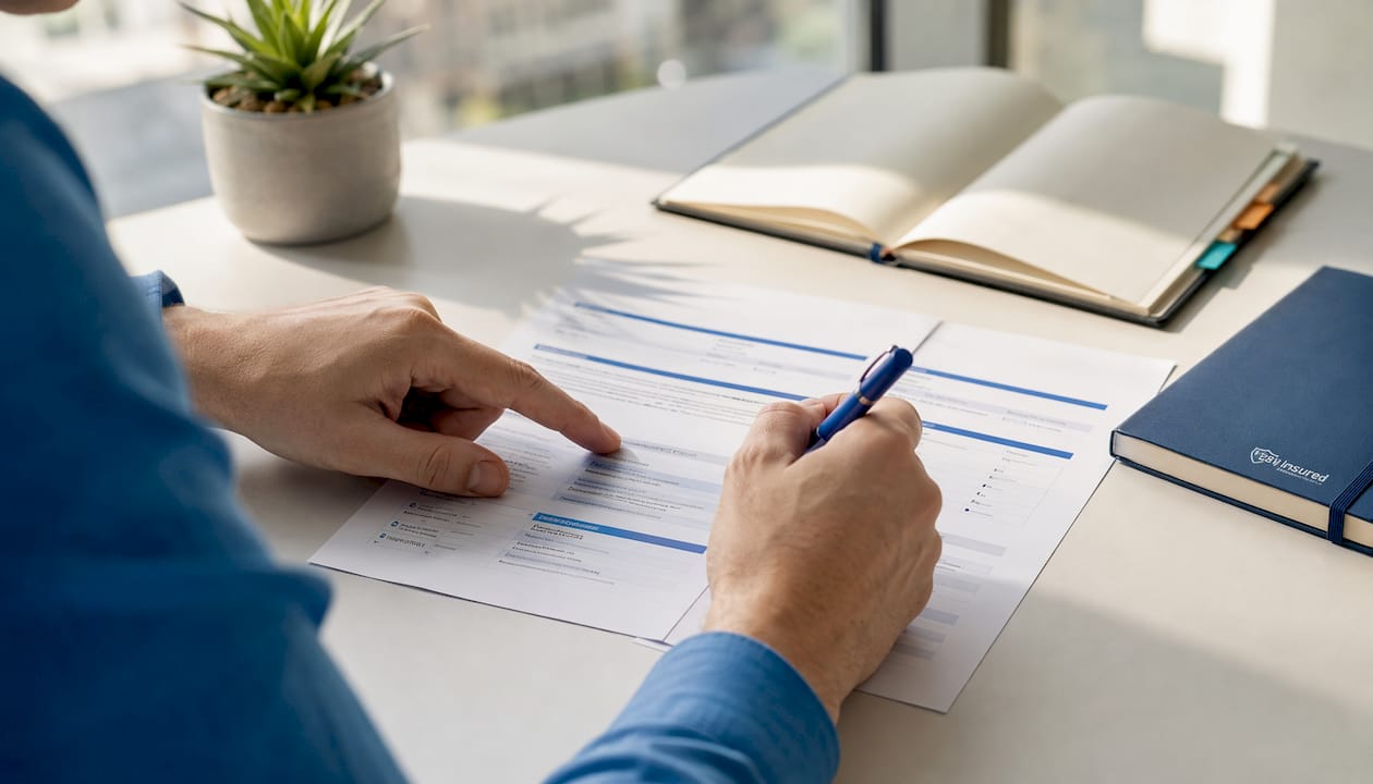 Hands comparing mortgage insurance policy documents on desk