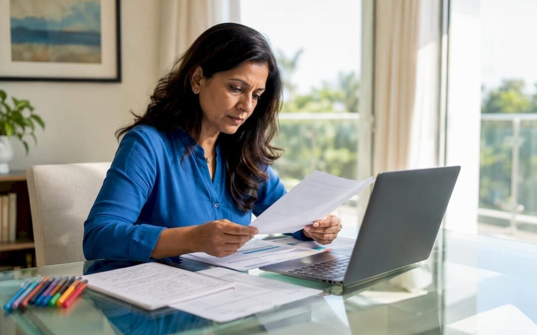 Woman reviewing critical illness insurance documents at home