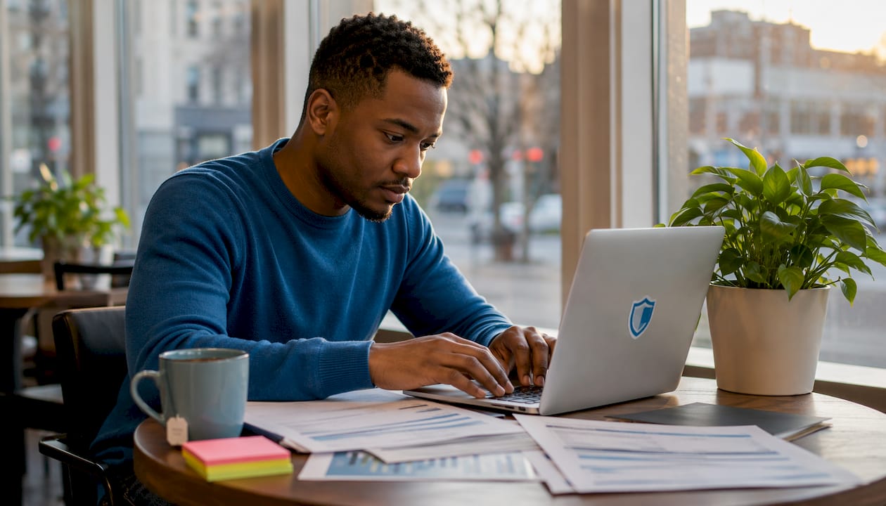 Man applying for critical illness insurance in co-working space