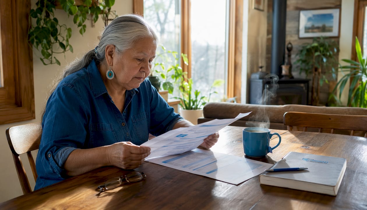 Hands comparing insurance types documents at kitchen table