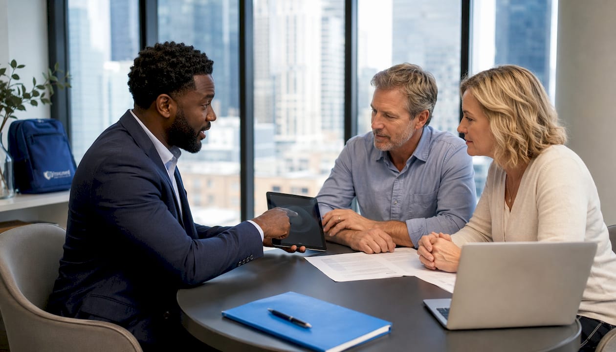 Insurance broker explaining life insurance to clients