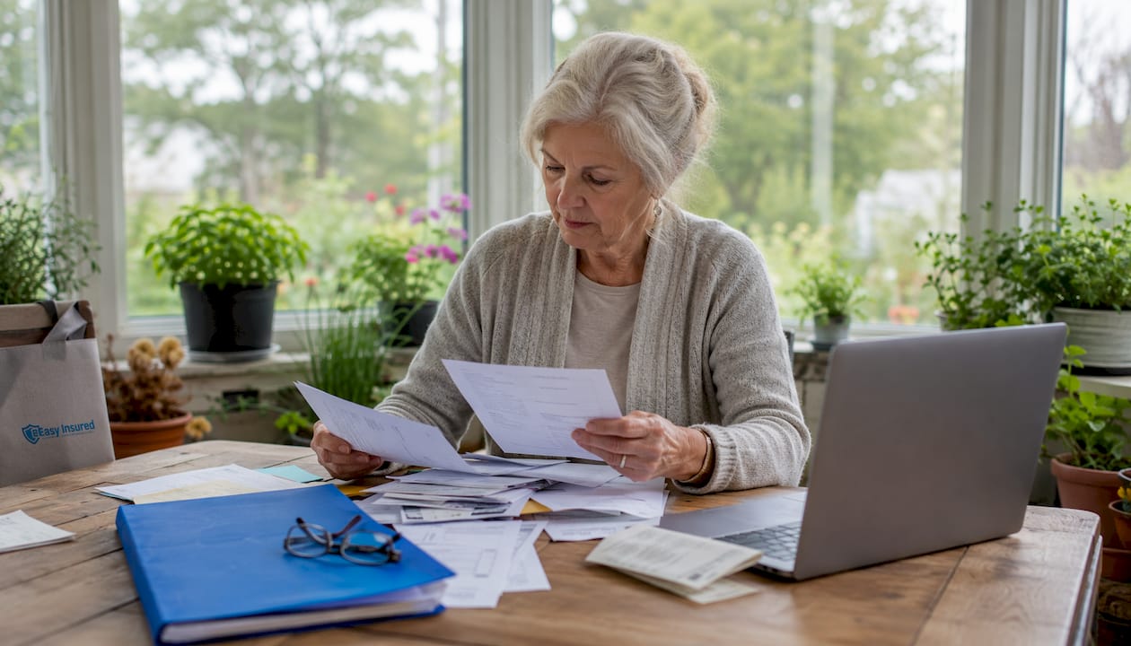 Hands organizing estate paperwork on wooden desk