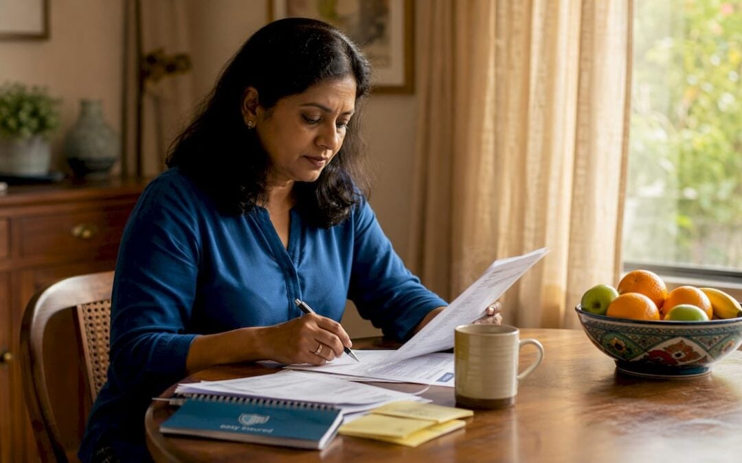 Small business owner reviewing insurance papers