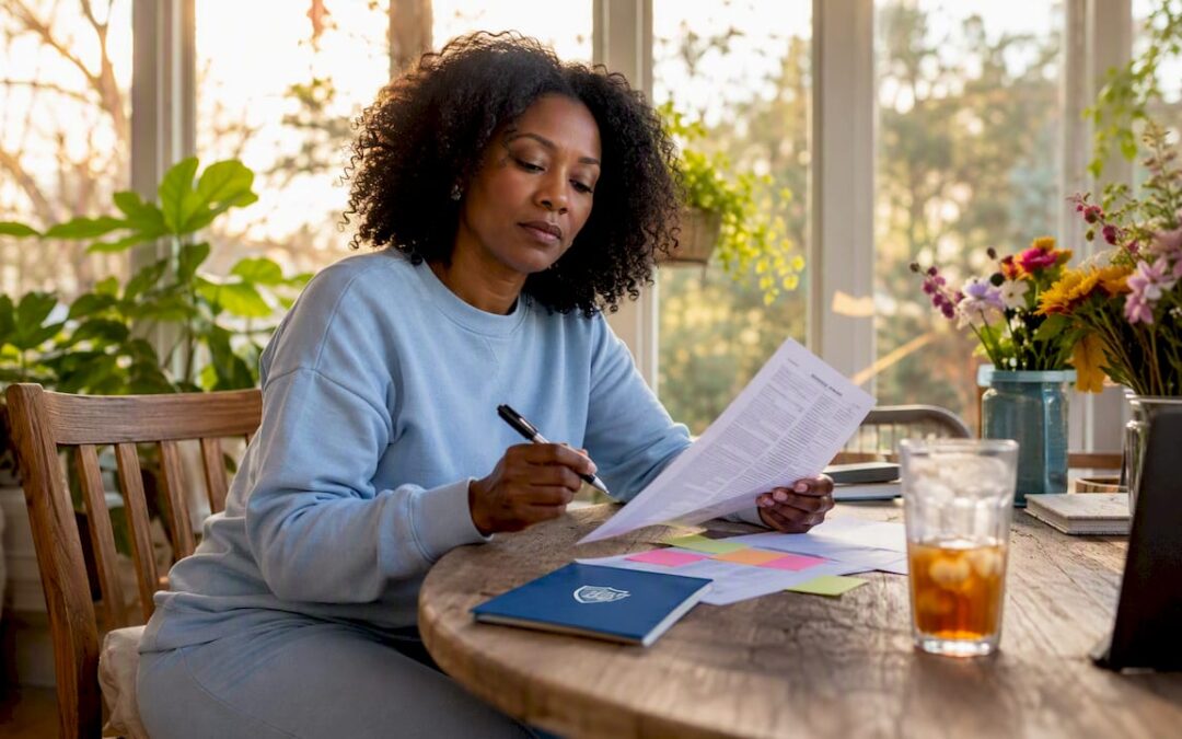 Woman reviewing life insurance documents at kitchen table