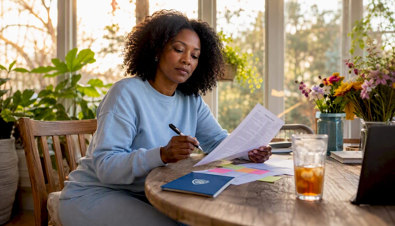 1785503127535 Woman Reviewing Life Insurance Documents At Kitchen Table