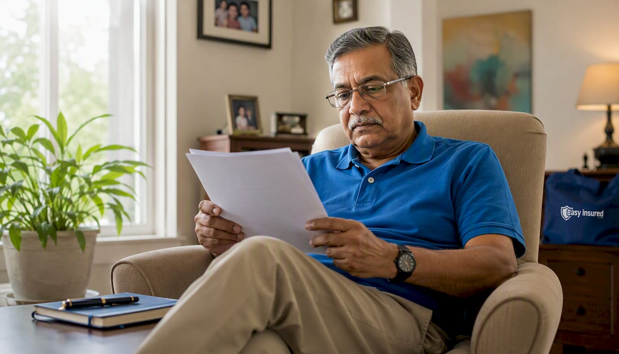 Older man reading whole life insurance documents at home office