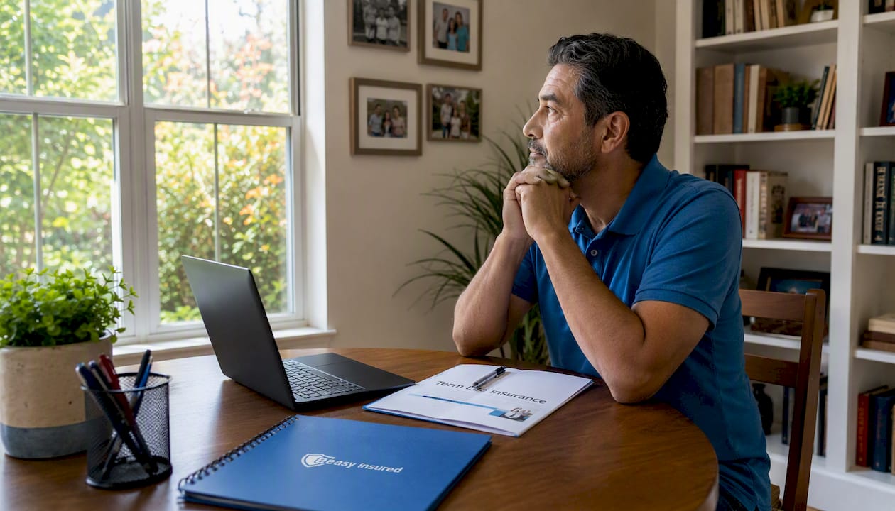 Man thinking about term life insurance at desk