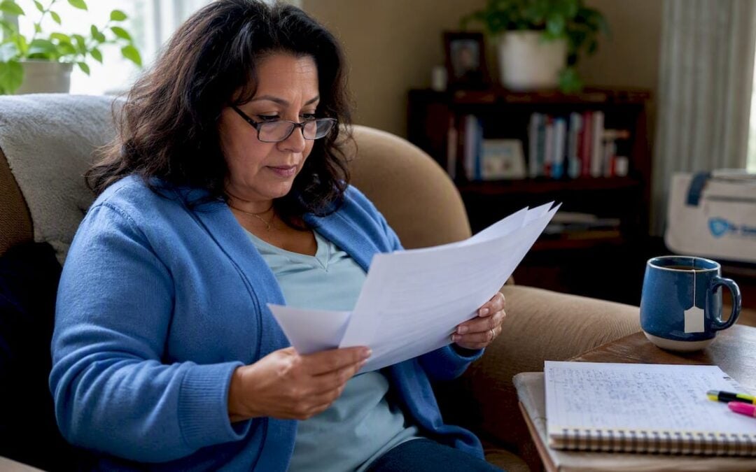 Woman reviewing no medical exam insurance forms