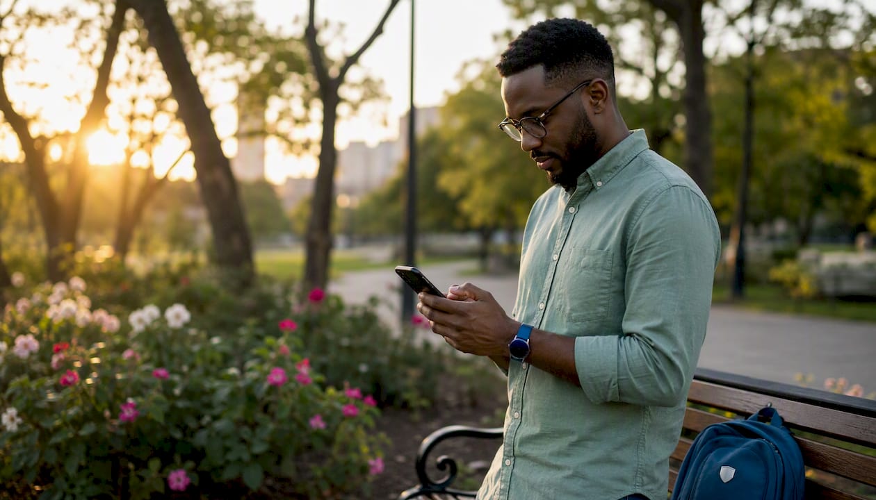 Man checking insurance data on smartphone outdoors