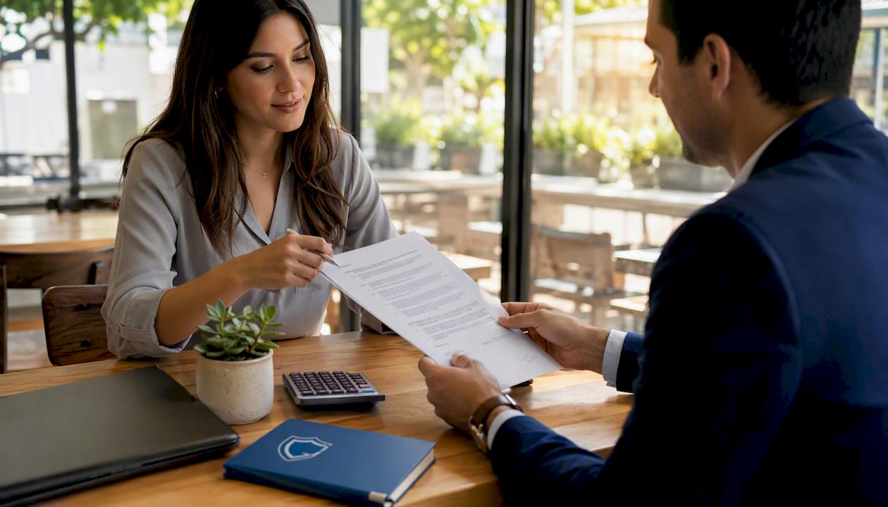 Hands exchanging signed insurance contract documents