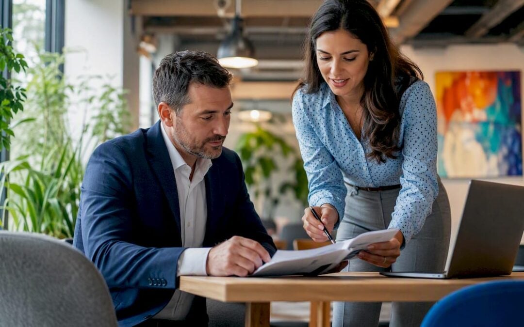 Businessman consulting insurance broker in office