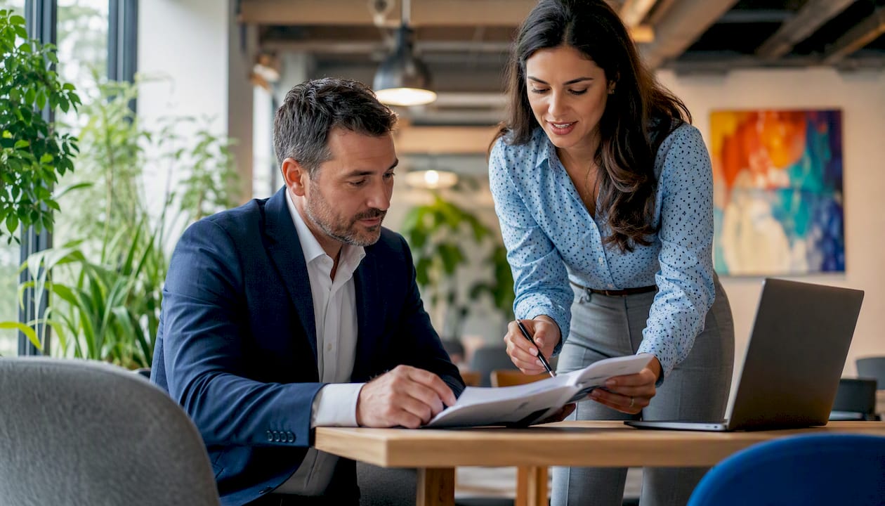 1785758719633 Businessman Consulting Insurance Broker In Office