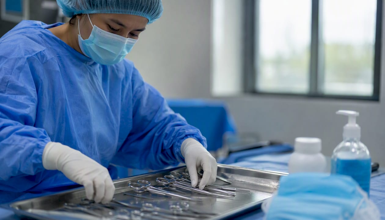 Medical professional performing delicate manual task