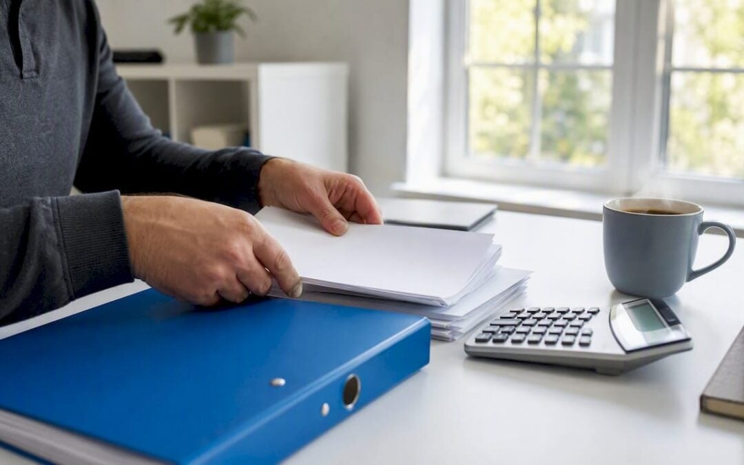 Hands organizing insurance policy documents on desk