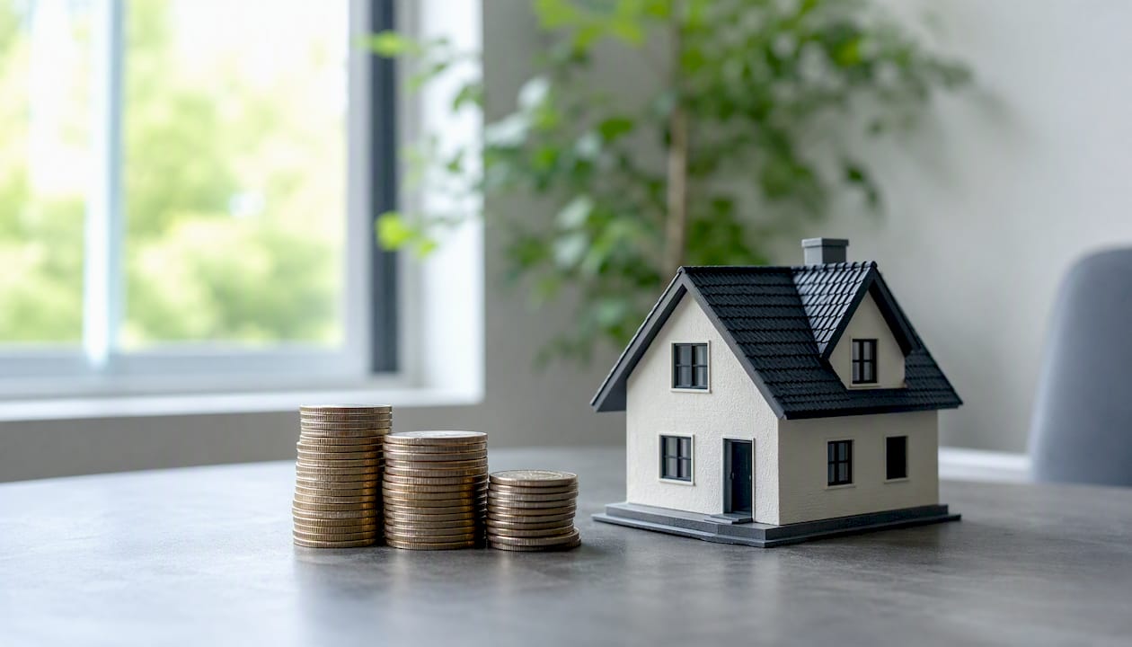 Stacked coins next to model house and calendar