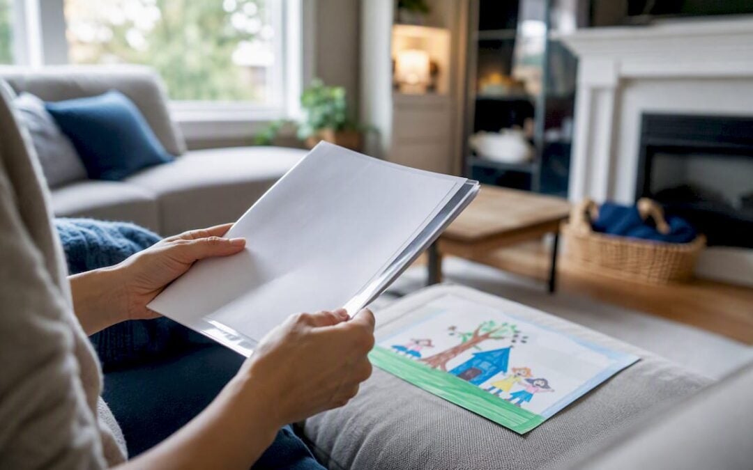 Hands holding child life insurance booklet on table