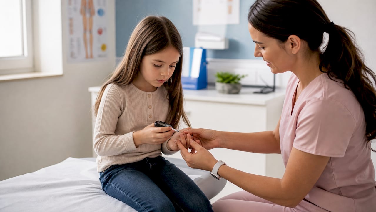 Child using glucometer for diabetes care