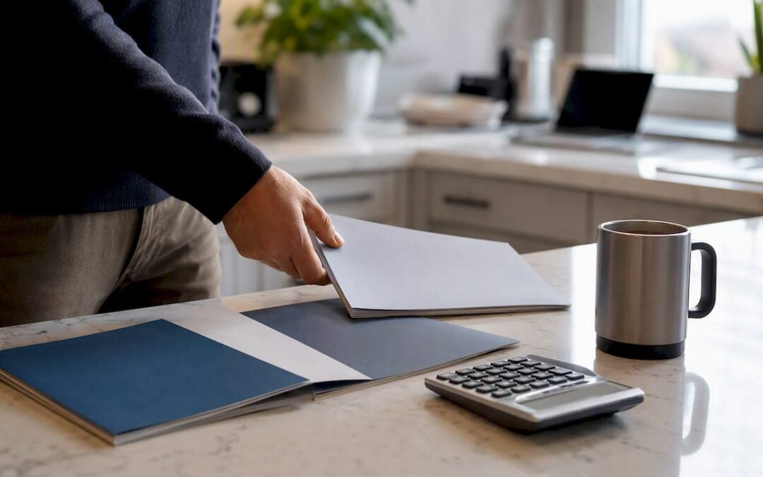 Hands arranging insurance and business valuation papers