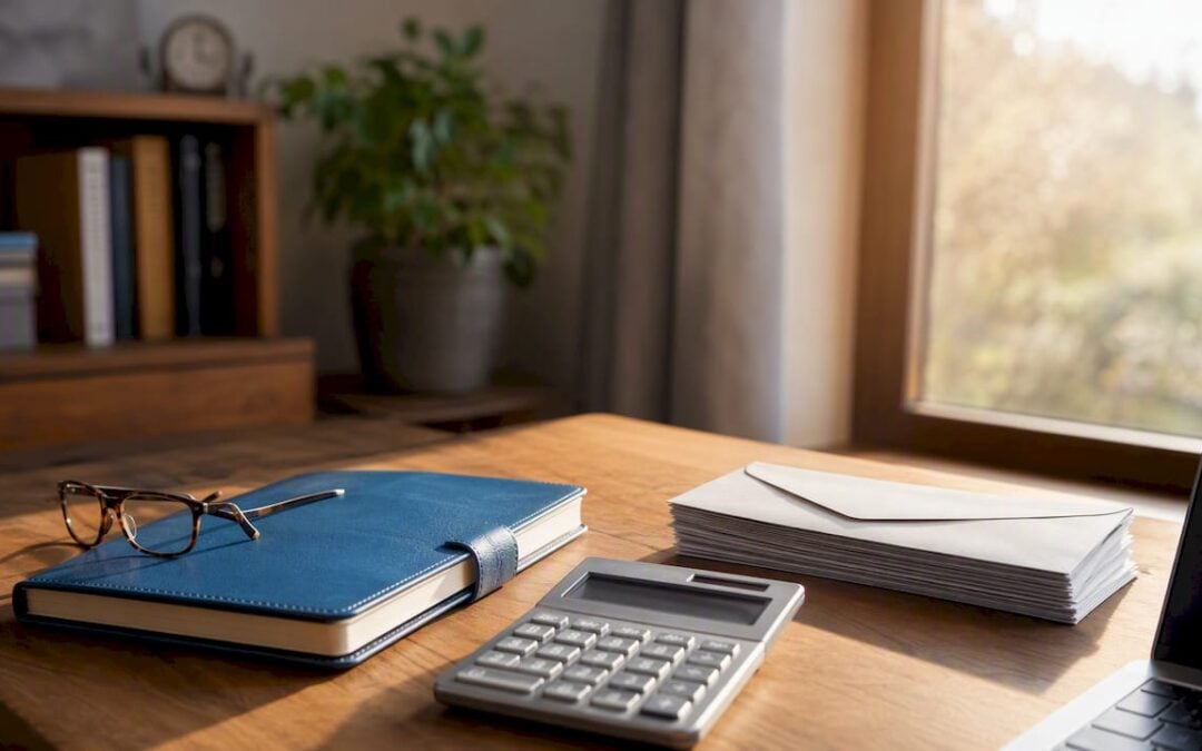 Calculator and glasses on home office desk