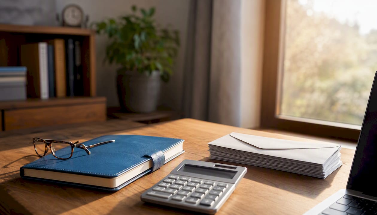 1786633839544 Calculator And Glasses On Home Office Desk