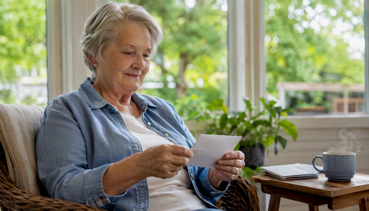 Senior woman opening annuity payment envelope