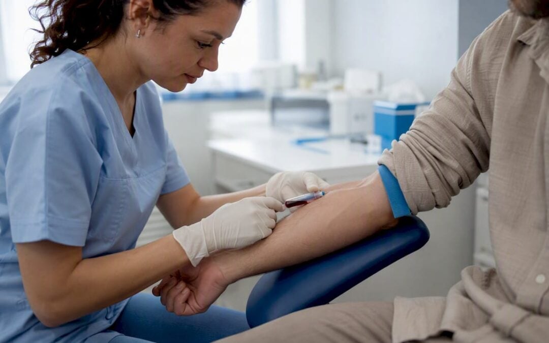 Paramedical technician drawing blood for insurance exam