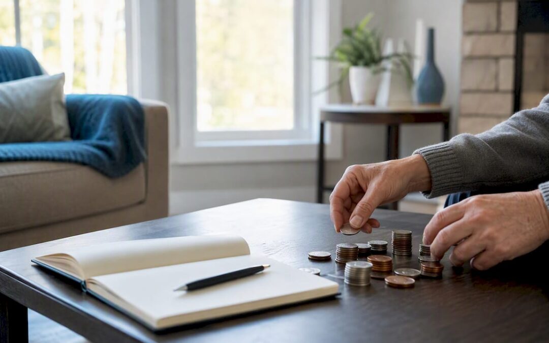 Hands stacking Canadian coins on desk