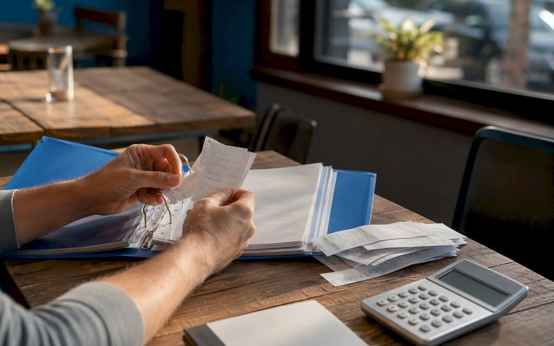 Hands organizing business expenses at desk