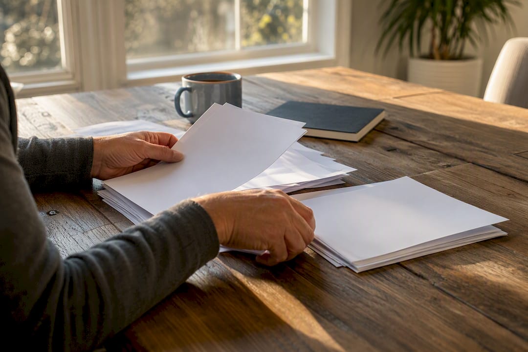 Hands stacking blank office bills on desk