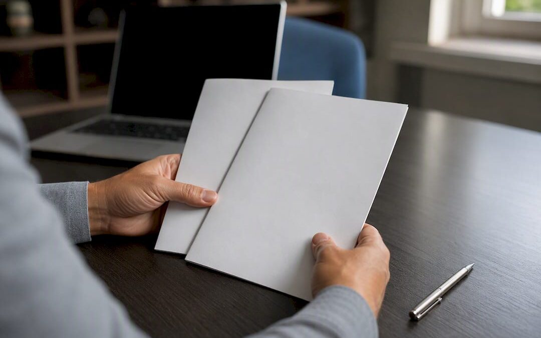 Hands holding two blank insurance policy booklets