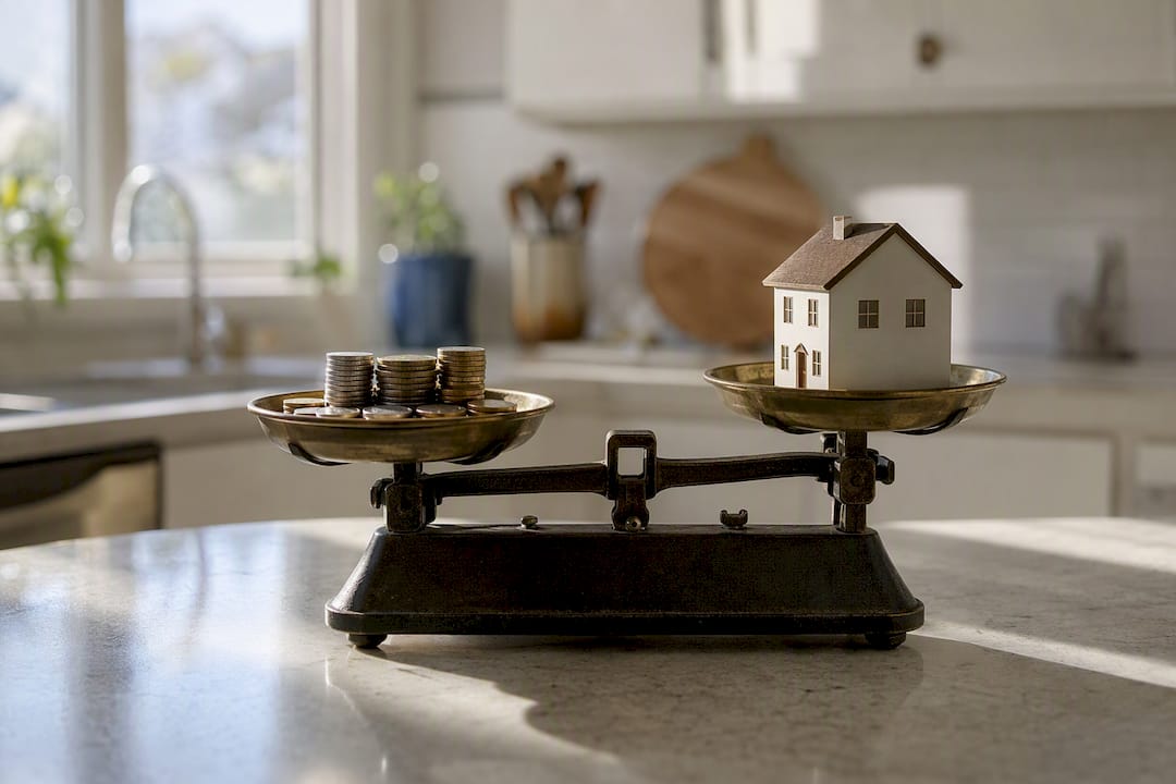 Scale balancing coins and small house model