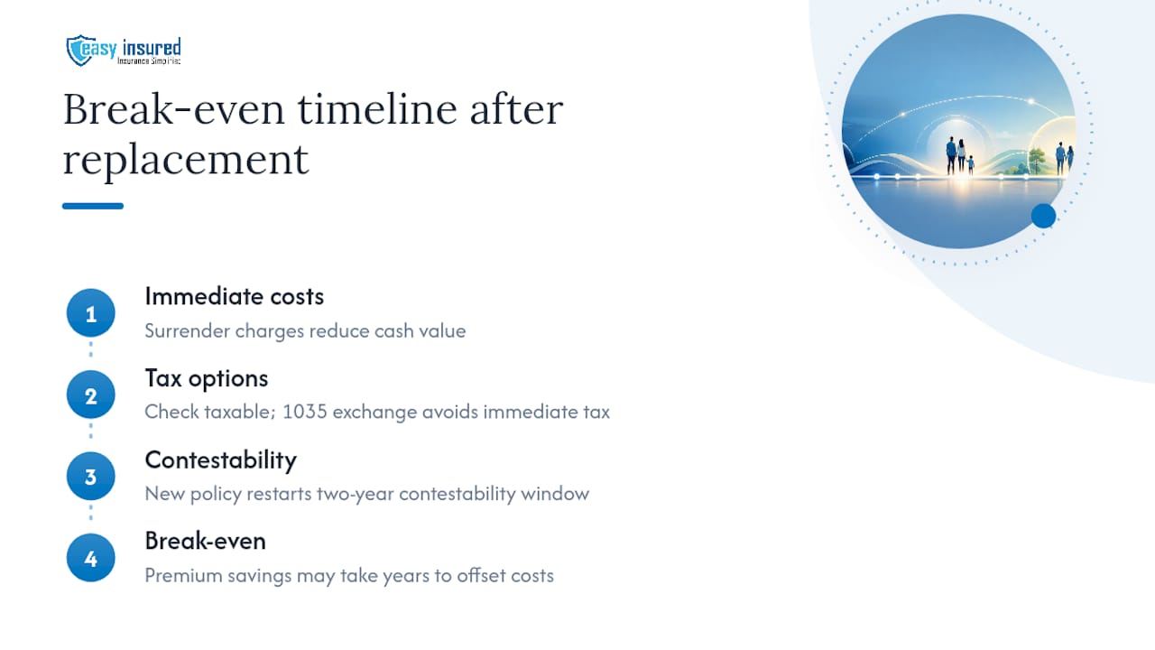 Diagram illustrating break-even timeline for policy replacement costs