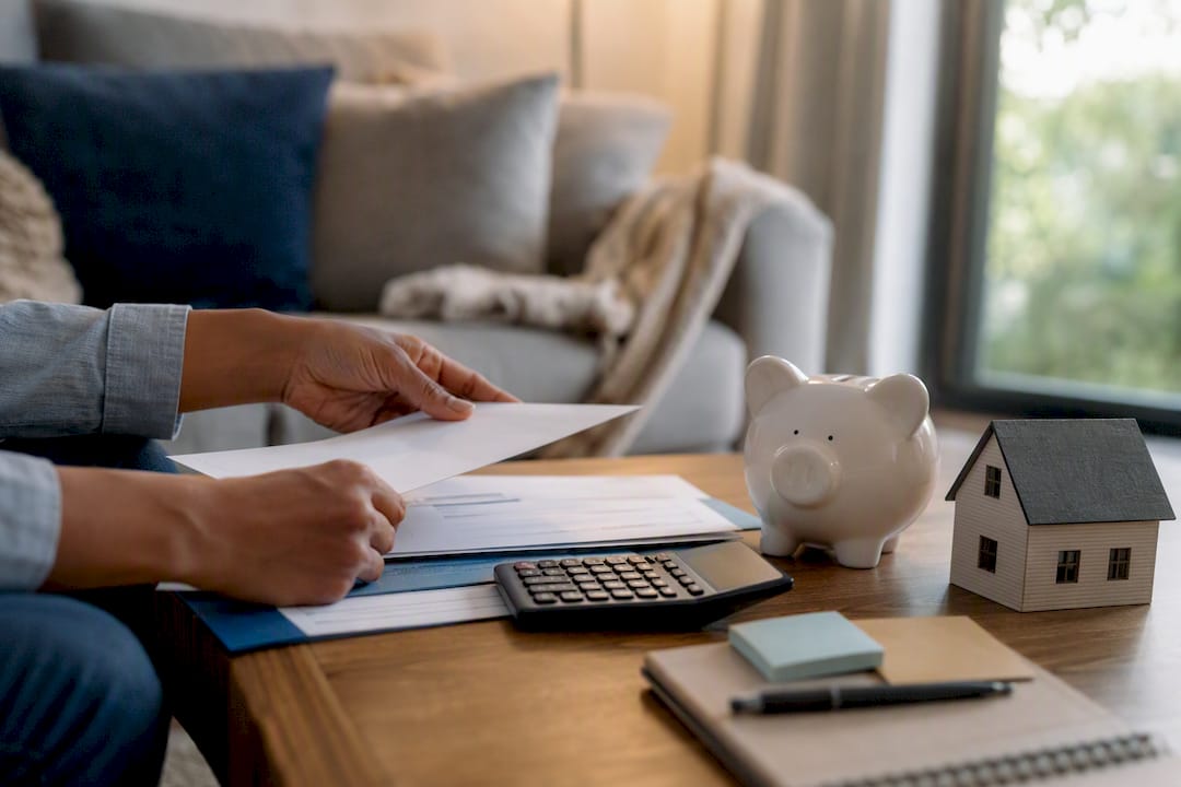 Hands organizing financial planning items