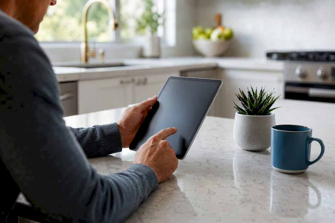 Hands completing health questionnaire on tablet