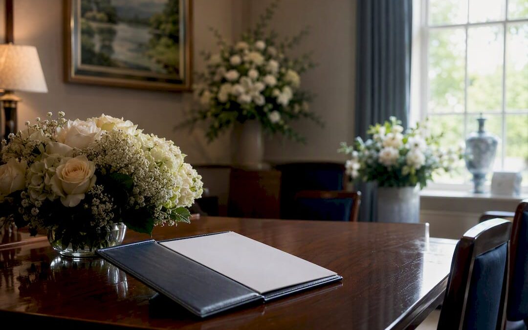 Funeral home price list and flowers on table