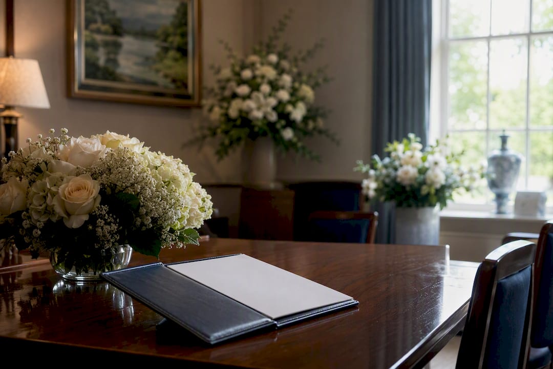 1787398536358 Funeral Home Price List And Flowers On Table
