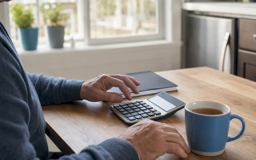 Hands using calculator and tablet on desk