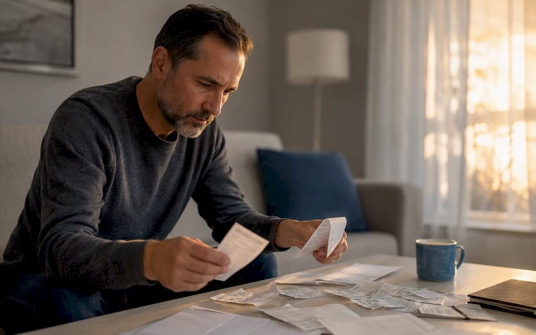 Hands sorting health expense receipts