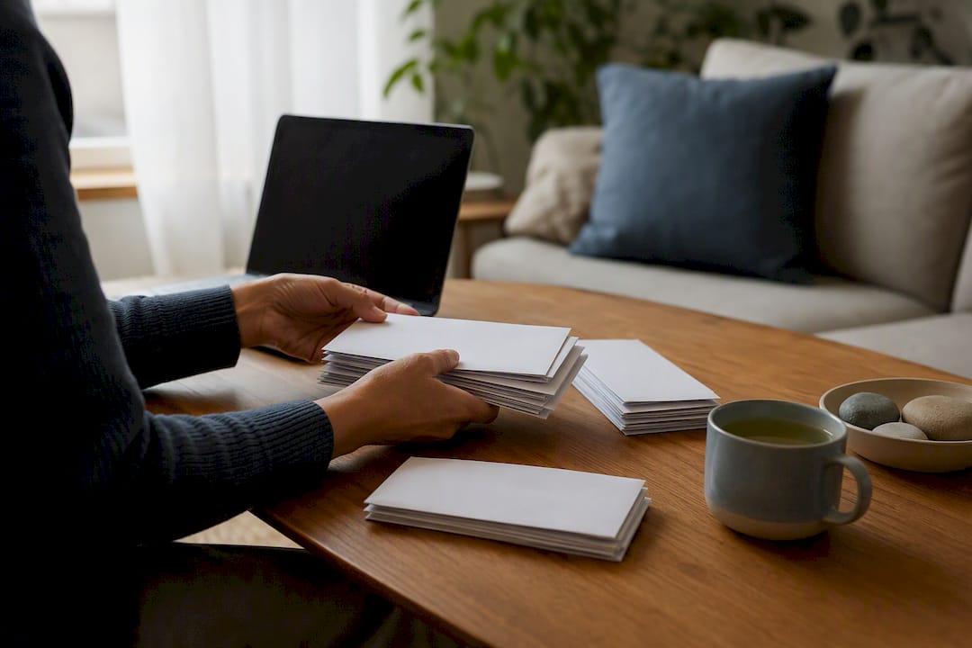 Hands organizing envelopes representing benefit accounts