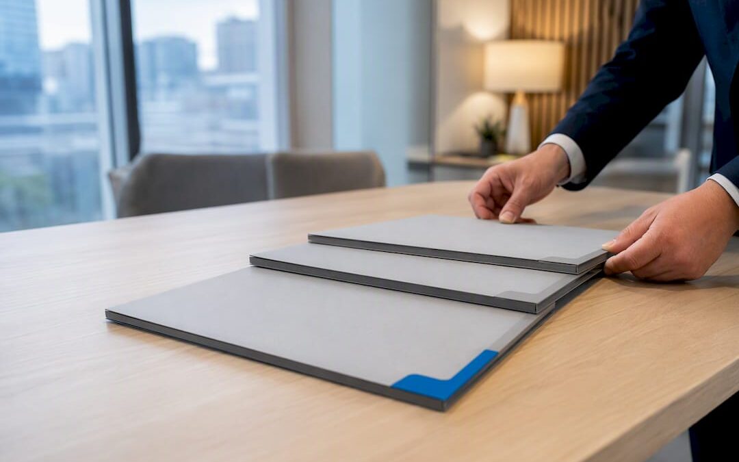 Advisor arranging layered insurance policy folders